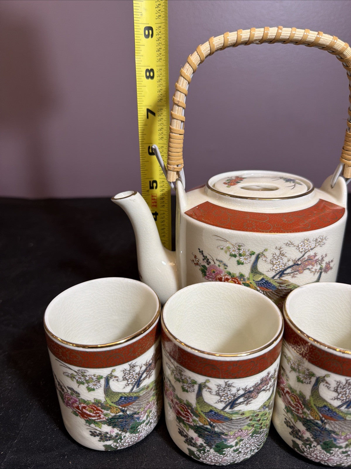 1979 Satsuma Japan Peacock Tea Set Gold Trim Rattan Handle Vintage