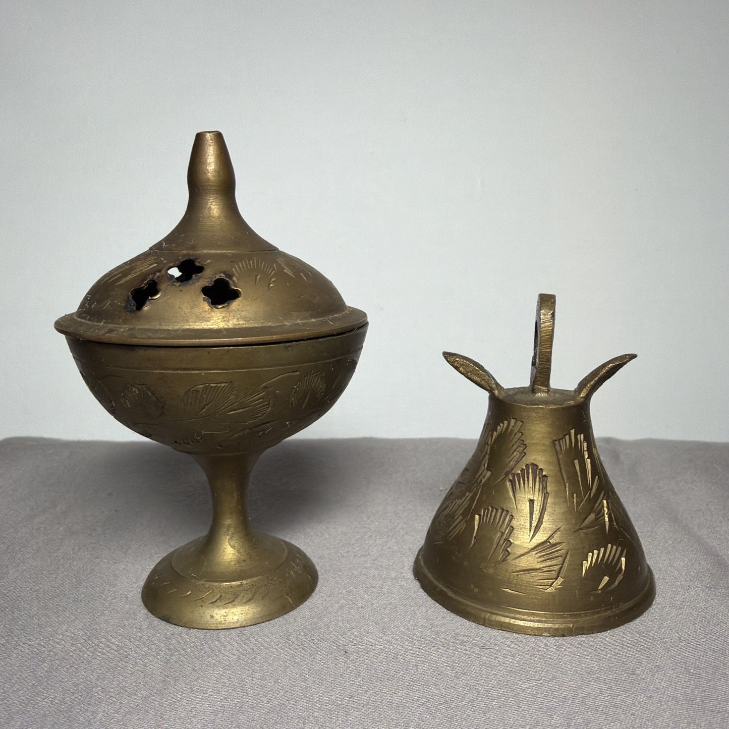 Vintage Etched Indian Brass Bell and Incense Ceremonial/Meditation Implements