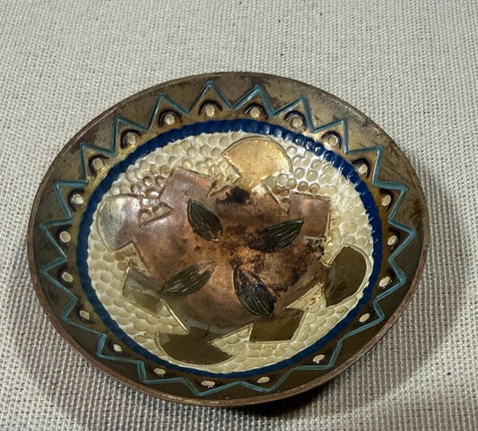 1980 Brazilian Handpainted Brass Trinket Bowl Signed Vintage Floral Decor