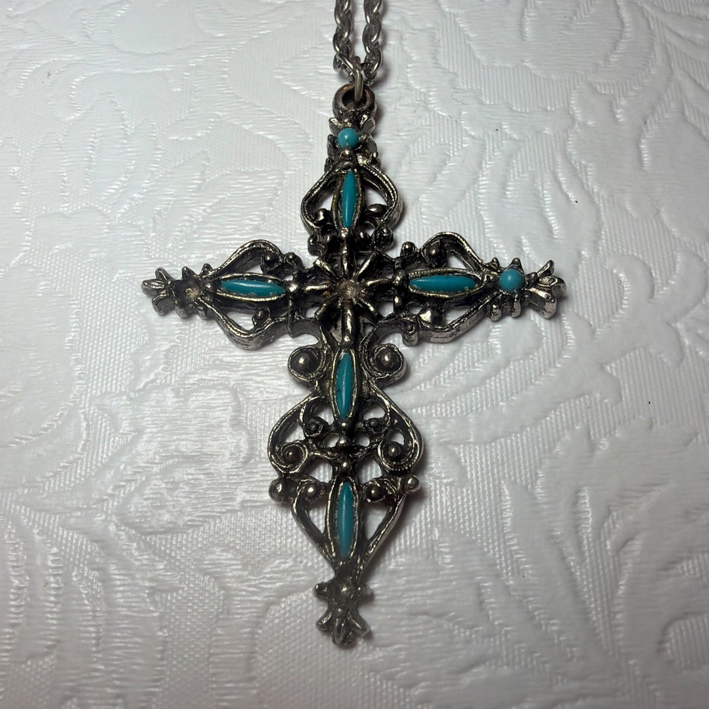 Vintage Gothic Cross Pendant Necklace Silver Tone Faux Turquoise Cabochons Large