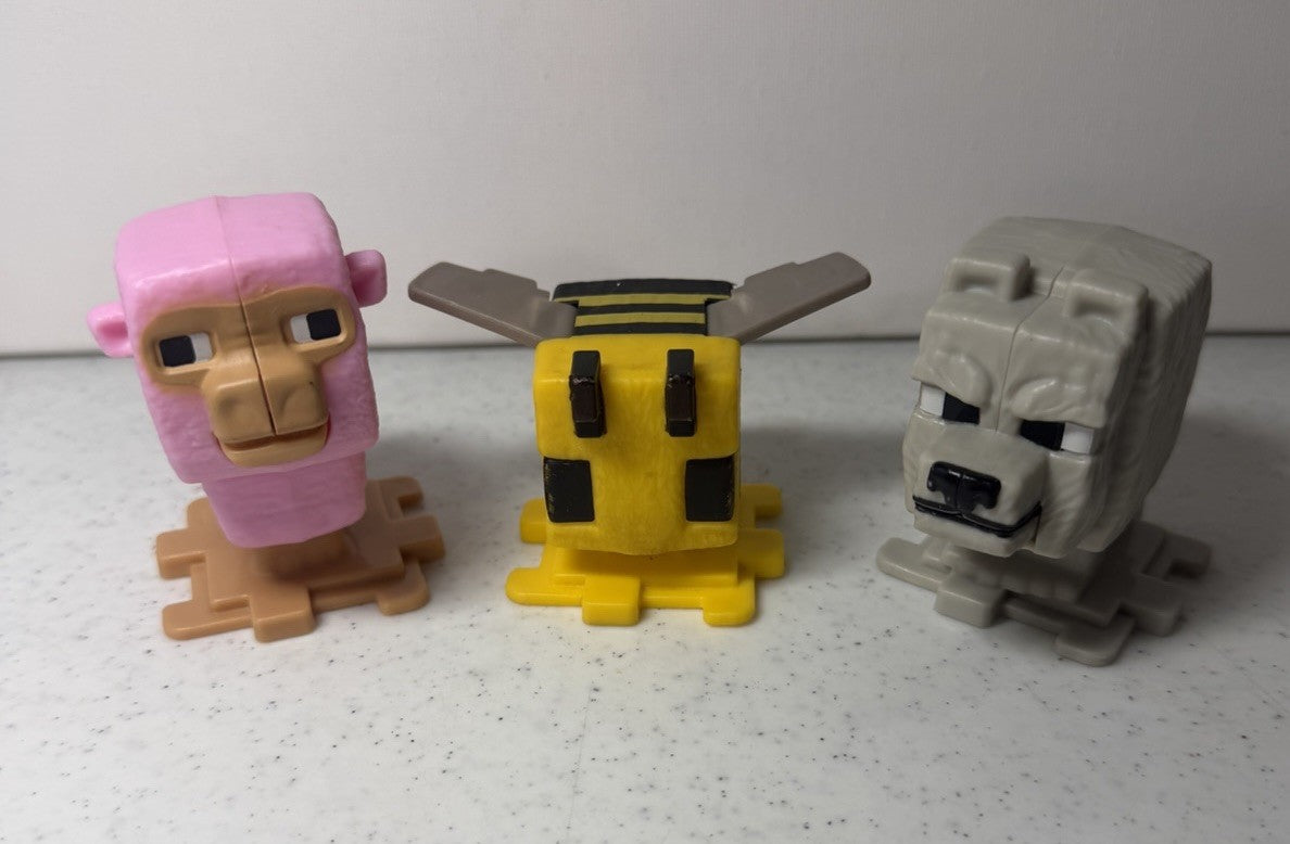 McDonalds Minecraft Movie Happy Meal Toy Lot Pink Sheep Bee Dennis Wolf 3pc