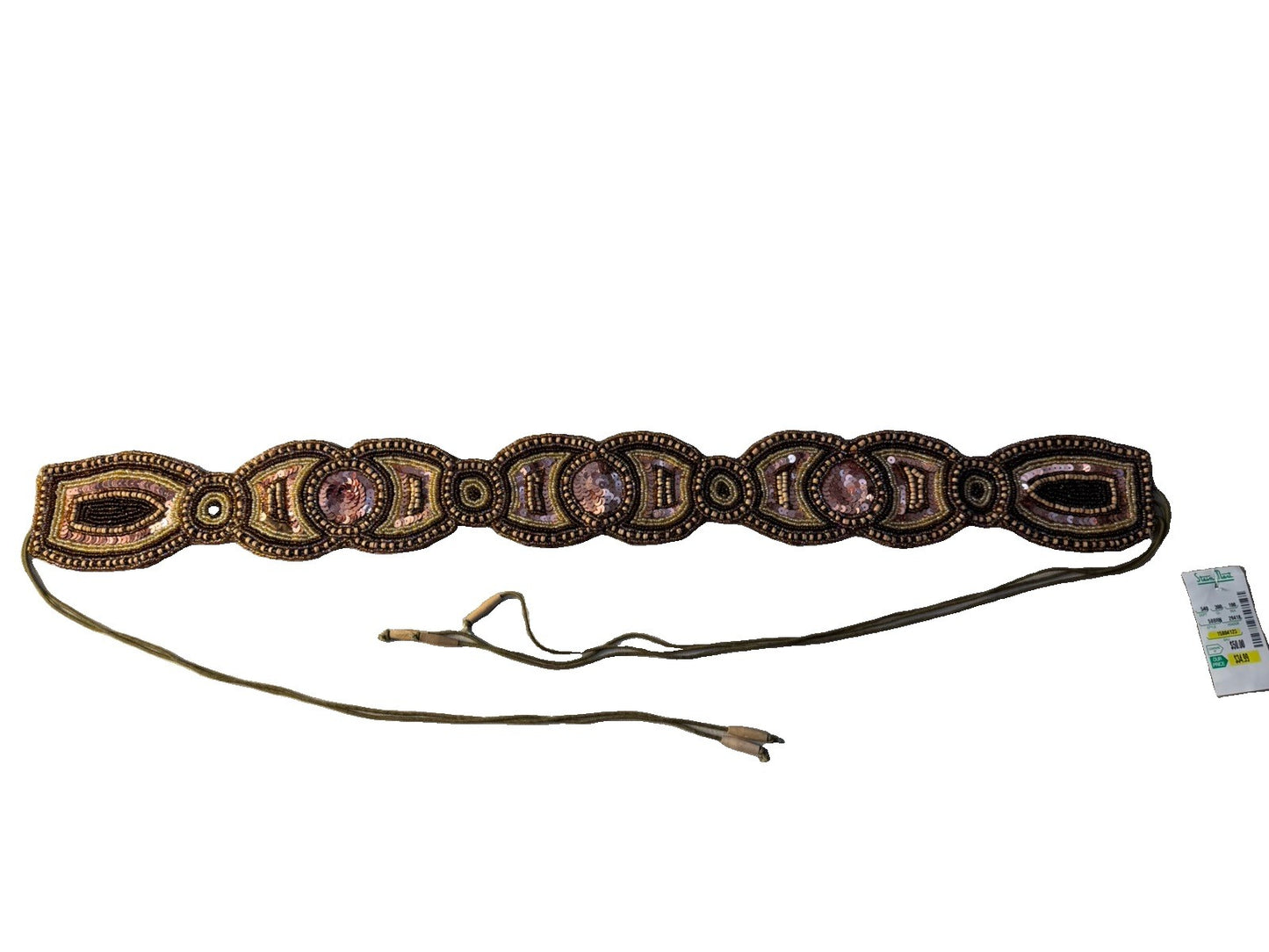 Vintage NWT Baba Brown Gold Beaded Sequin Statement Belt Boho Tie Sash BT-4