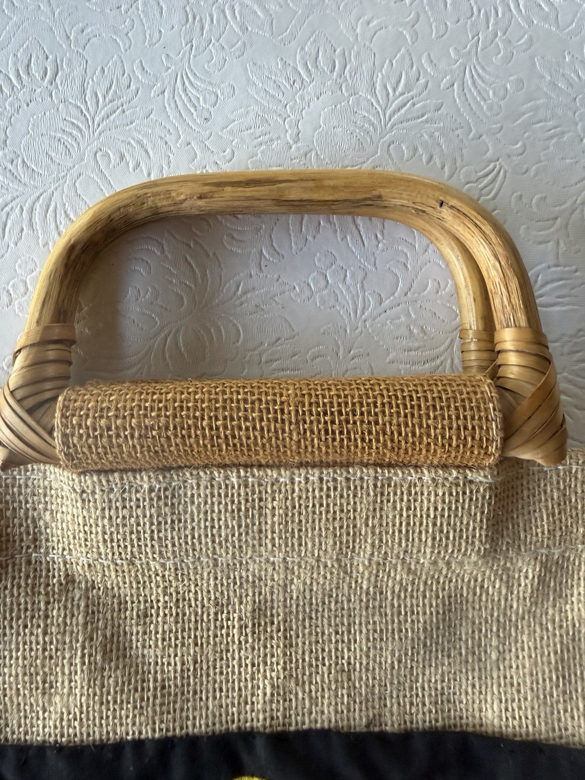 Vintage Mola Applique Parrot Burlap Tote Bag Folk Art Bamboo Handles