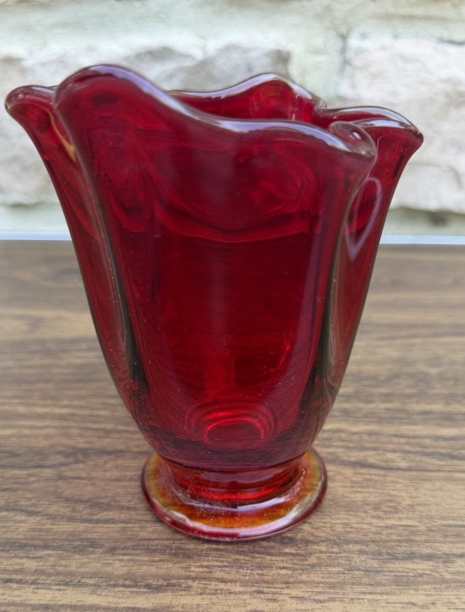 Vintage Ruby Red Hand Blown Glass Vase  Glass Stem Orange Glow Floral Vase