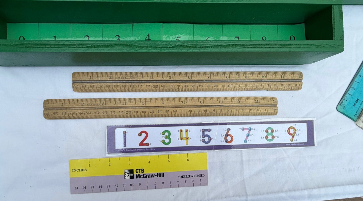 Montessori Number Rods Lot Wooden Boxes Math Learning Set & Assorted Rulers