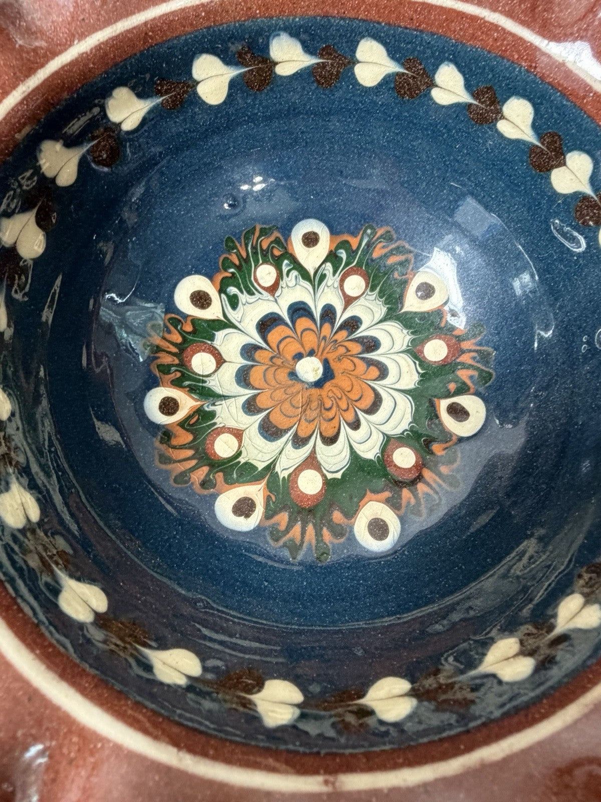 Vintage Mexican Folk Art Pottery Pitcher Salt Bowls Set Blue Brown Hand Painted