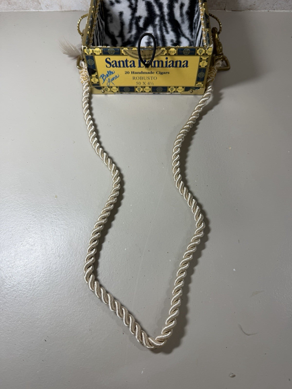 Santa Damiana Robusto Upcycled Cigar Box Purse Toile Fabric Handle Zebra Lining