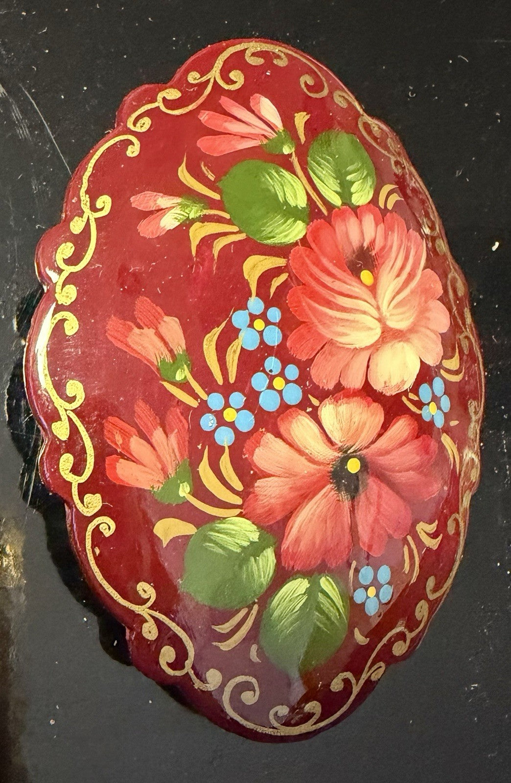 Vintage Russian Hand Painted Lacquer Floral Brooches Signed Boomerang Snake Pin