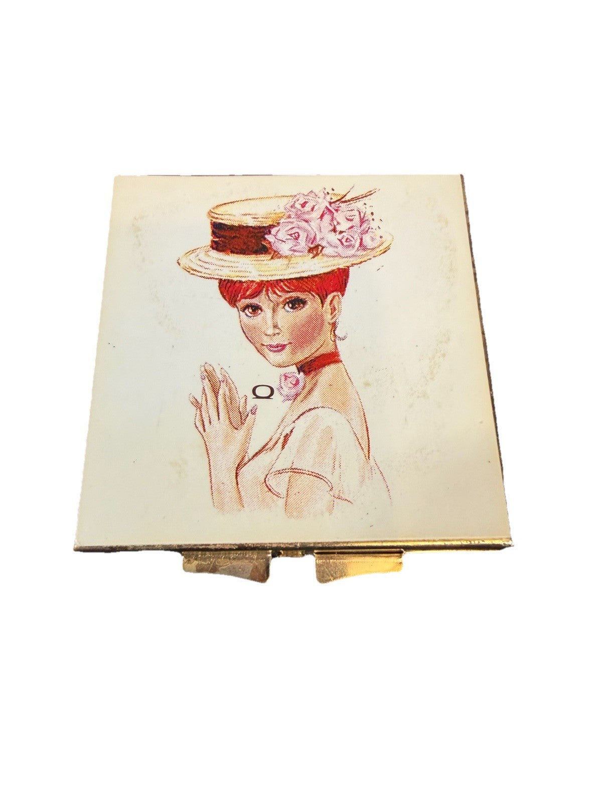Vintage Gold Tone Compact Mirror Woman Floral Hat Hinged Metal 2"