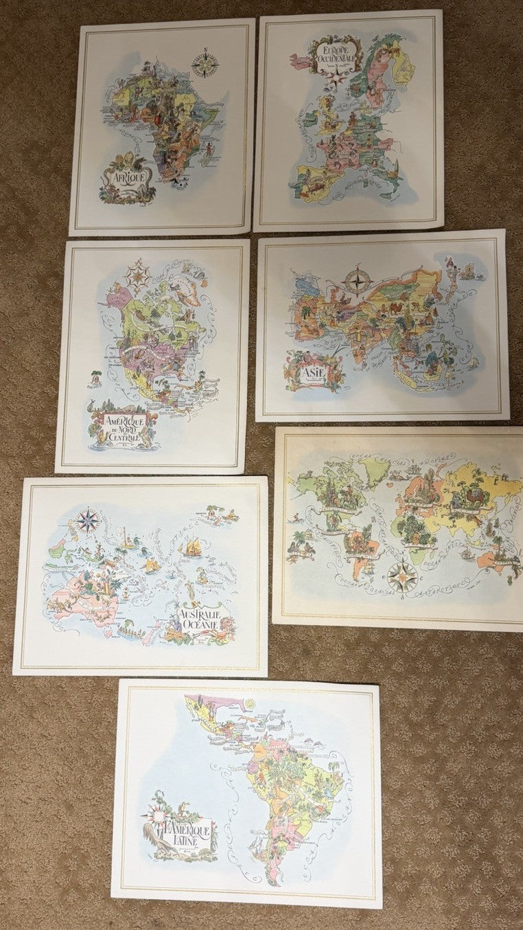 Vintage 1960 Pan Am World Airways Pictorial Map Set of 7 Continental Travel Maps