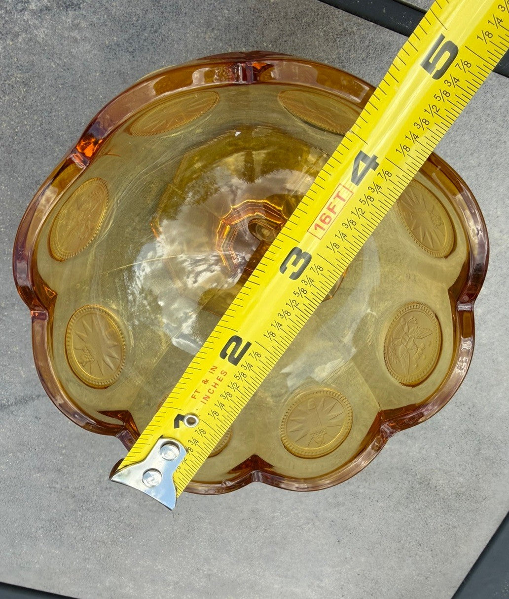 Vintage 4" tall Fossoria 1886 American Eagle Star Coin Amber Candy Dish