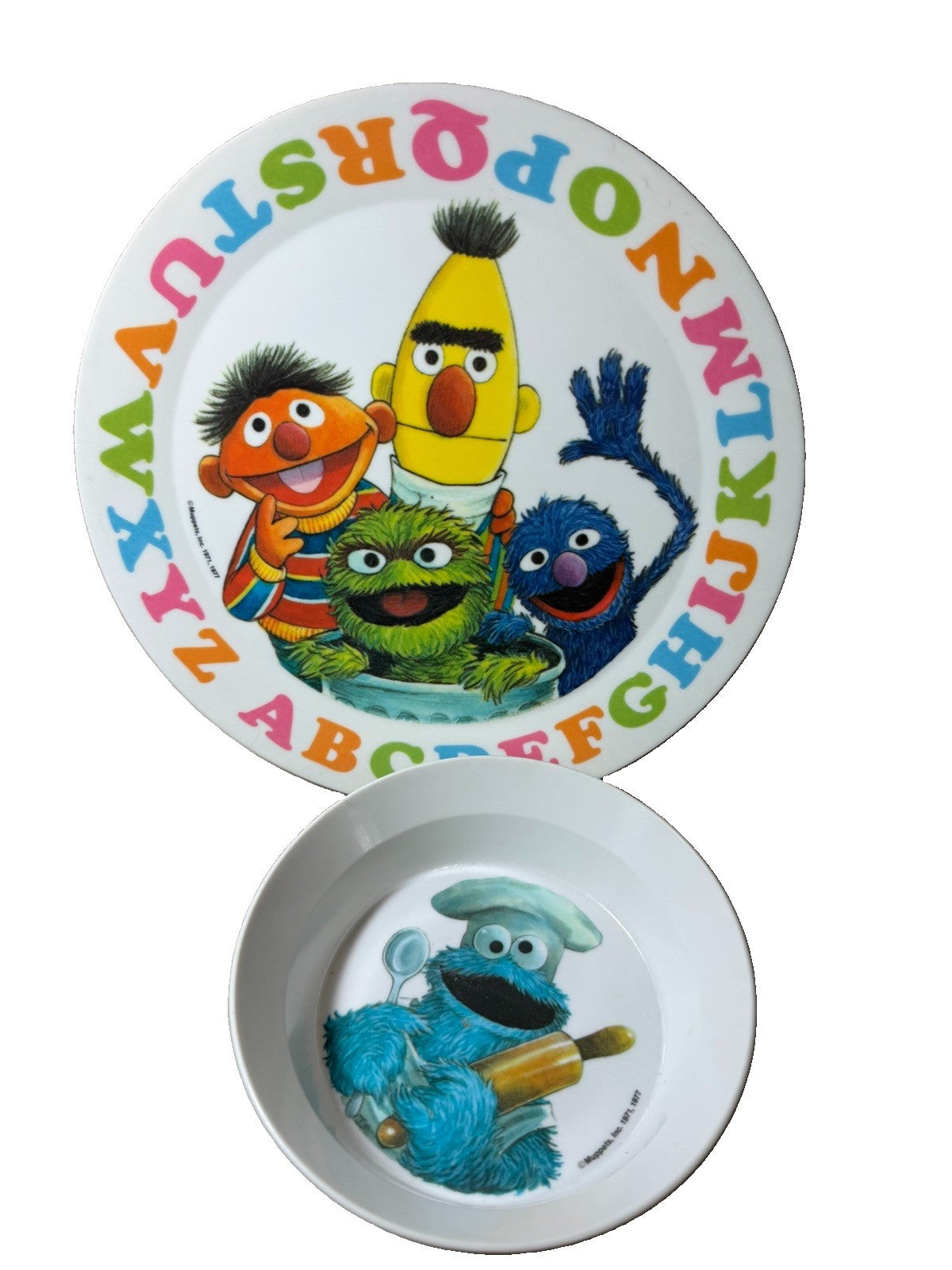 Vintage 1977 Sesame Street Melamine Plate Bowl Set Bert Ernie Cookie Monster