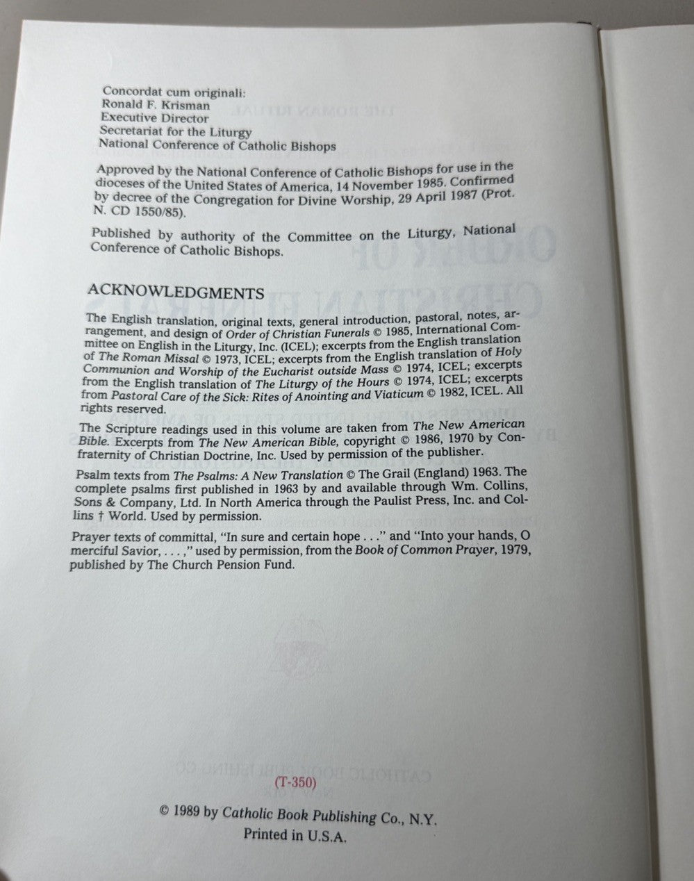 Order of Christian Funerals Roman Ritual Catholic Liturgical Book 1989 Hardcover