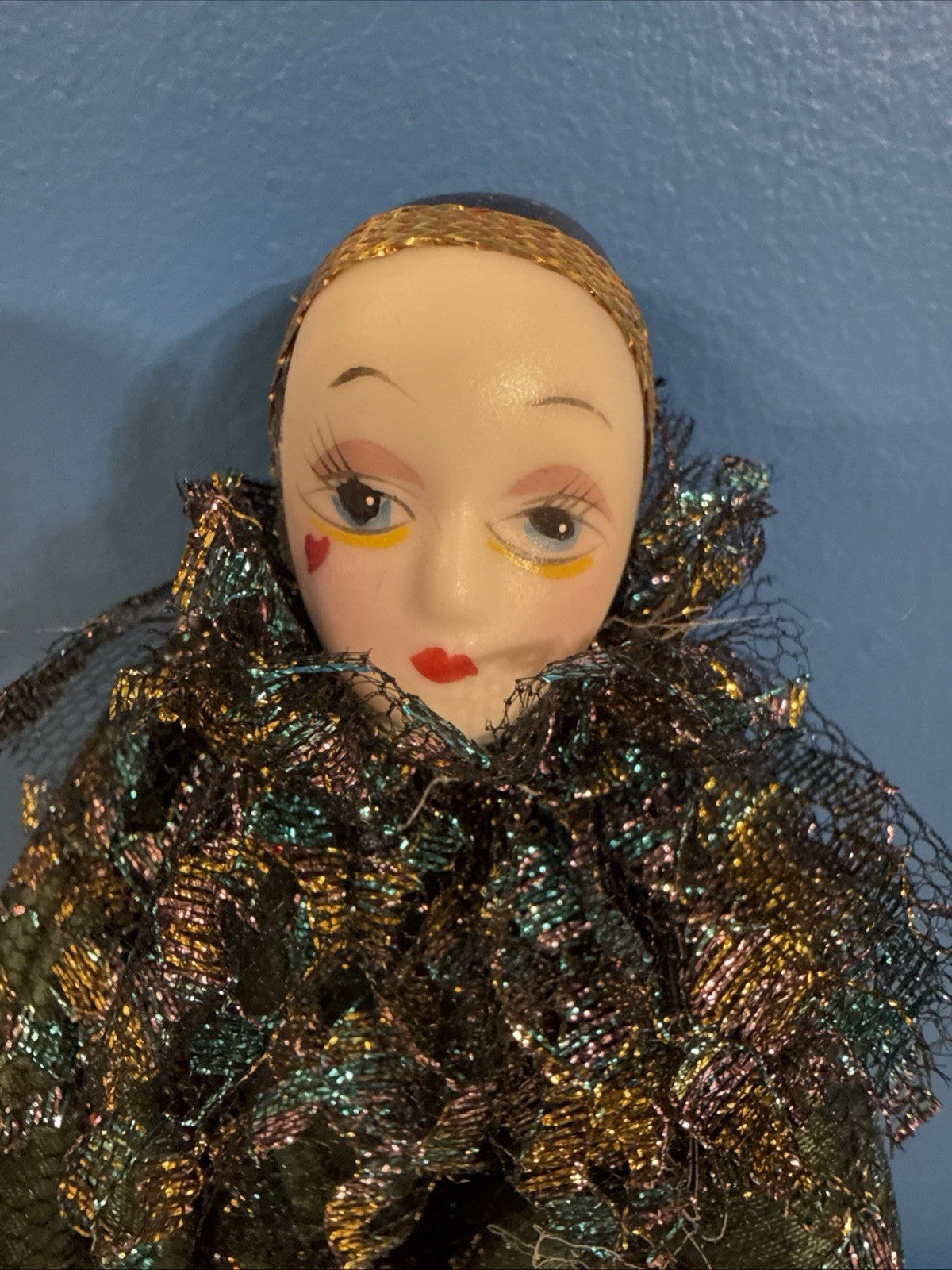 Geppeddo Porcelain Doll  Jester  Vintage Clown Harlequin Mardi-gras Sitting 6”