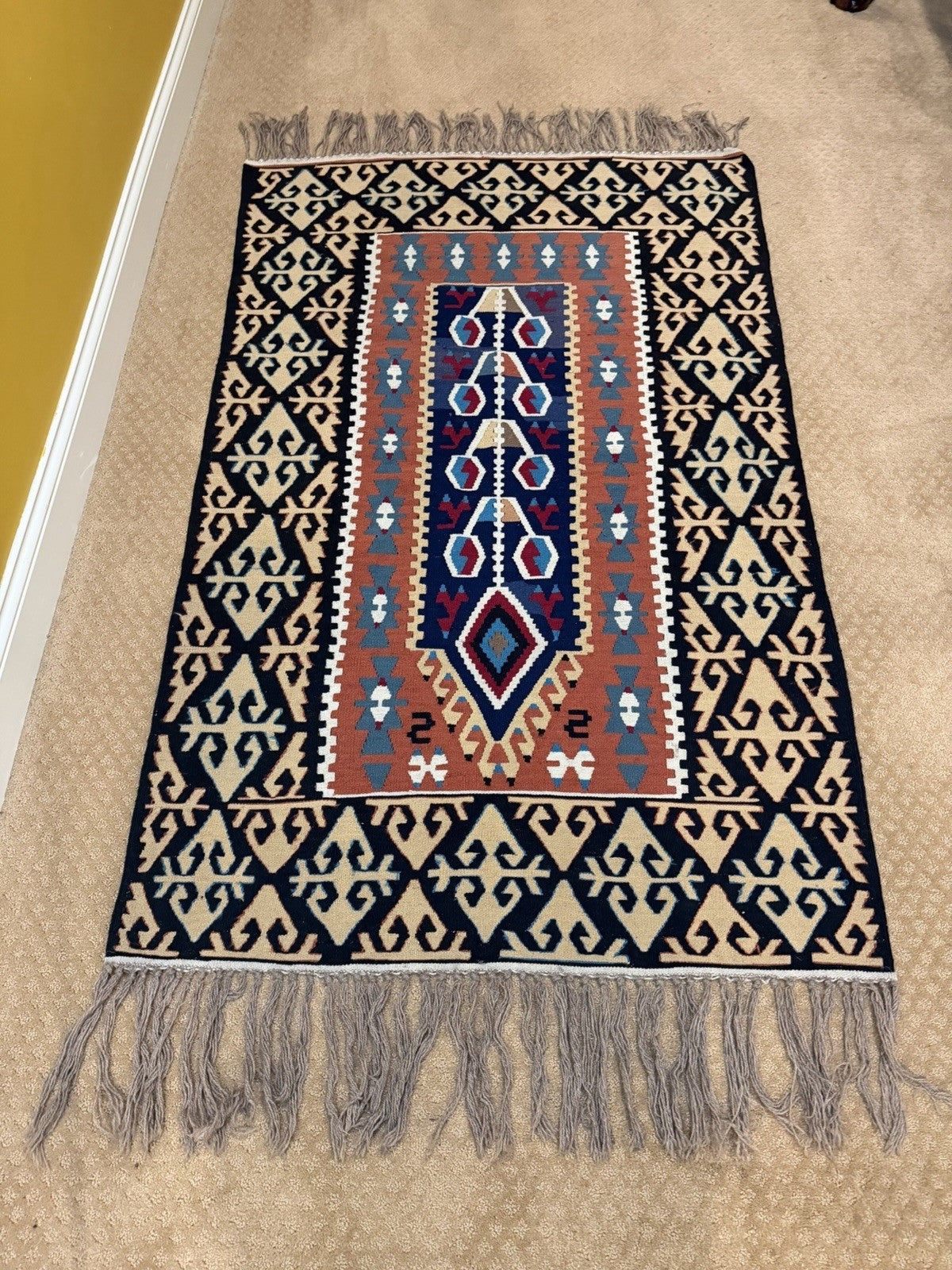 Vintage Turkish Kilim Flat Weave Rug Runner Geometric Tribal Wool Fringe Handmad