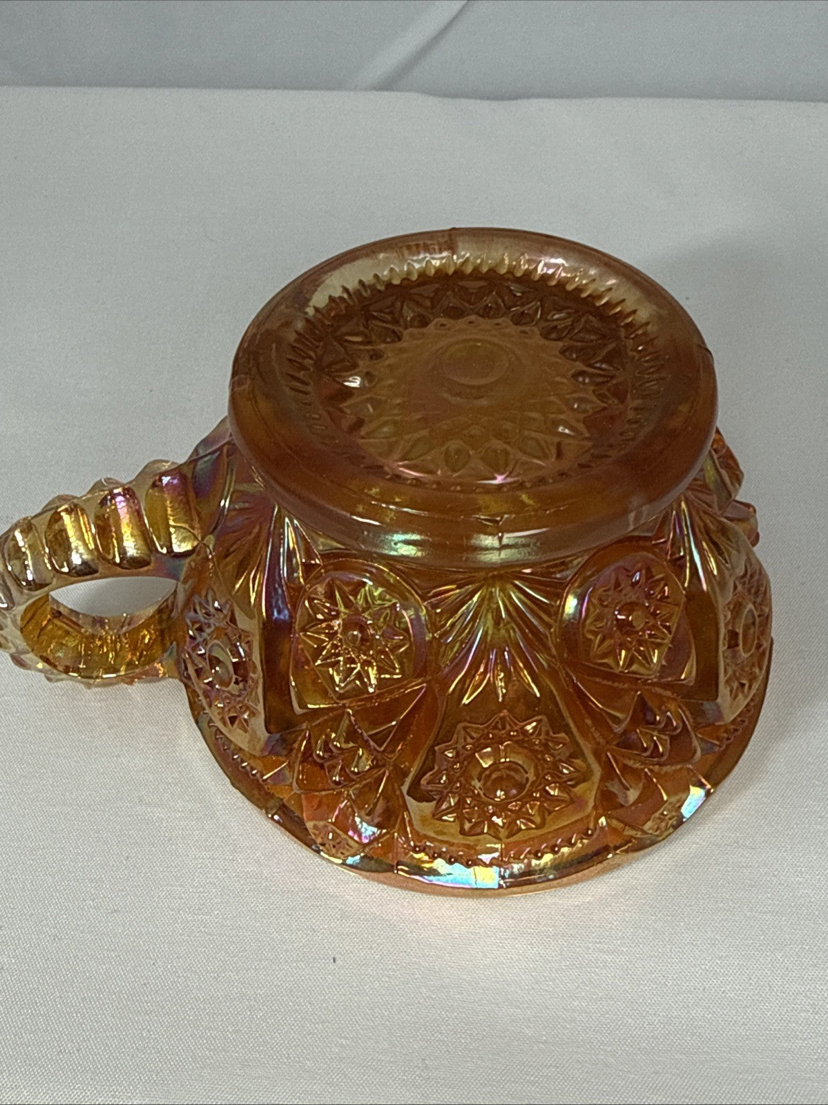 Set of 4 Vintage Imperial Hobstar Iridescent Marigold Orange Carnival Glass Cups