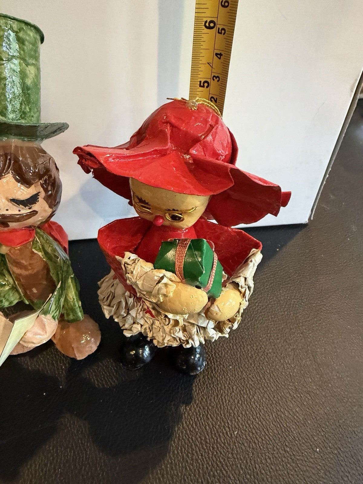 Vintage Crinkle Paper Christmas Ornaments Lot 3 Caroler Santa Elf Japan 7"