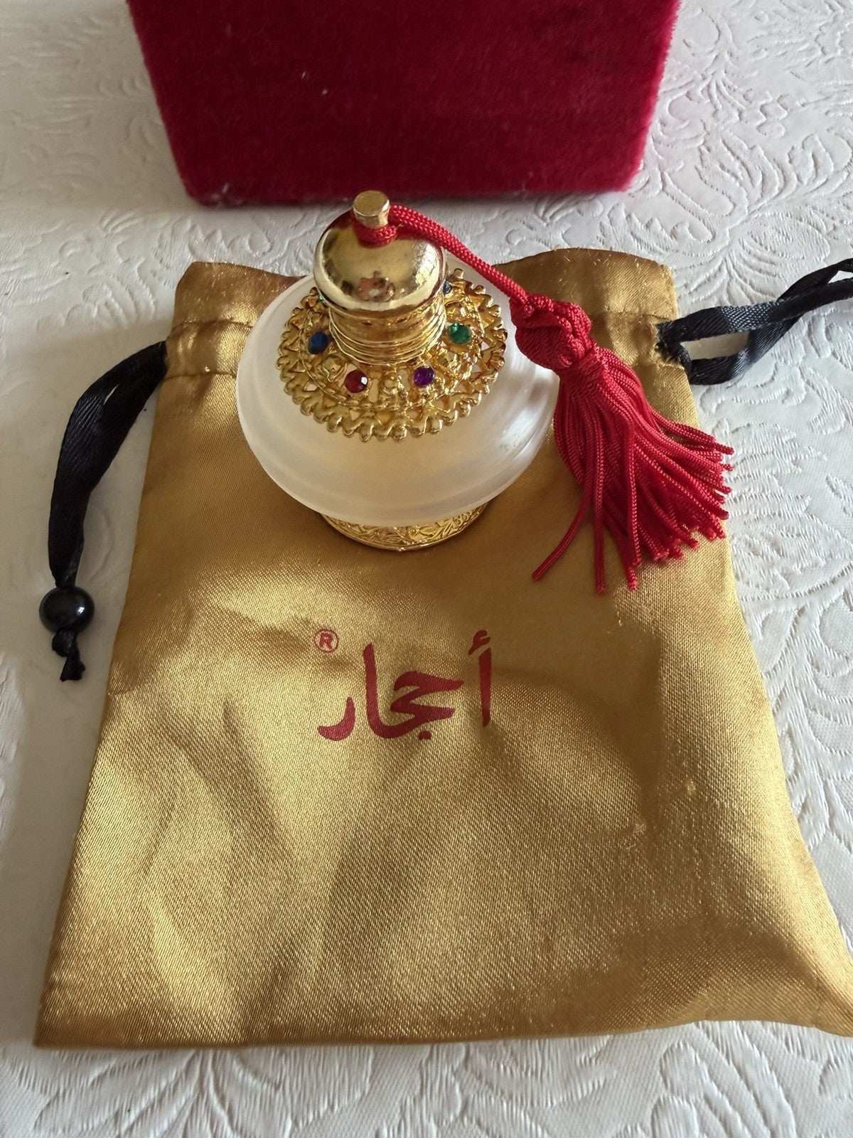 Vintage Ahjar Ornate Perfume Bottle Gold Tone Red Gemstone Glass Pouch Vanity