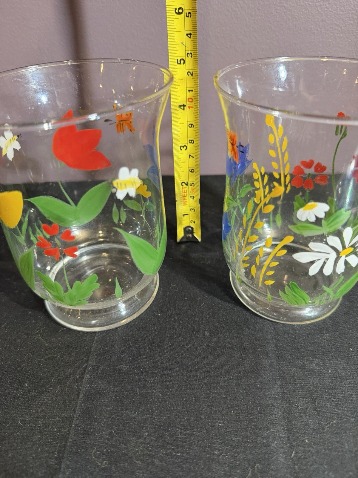 Hand Blown Glass Hurricane Votive Set Floral Candle Holders Set of 2