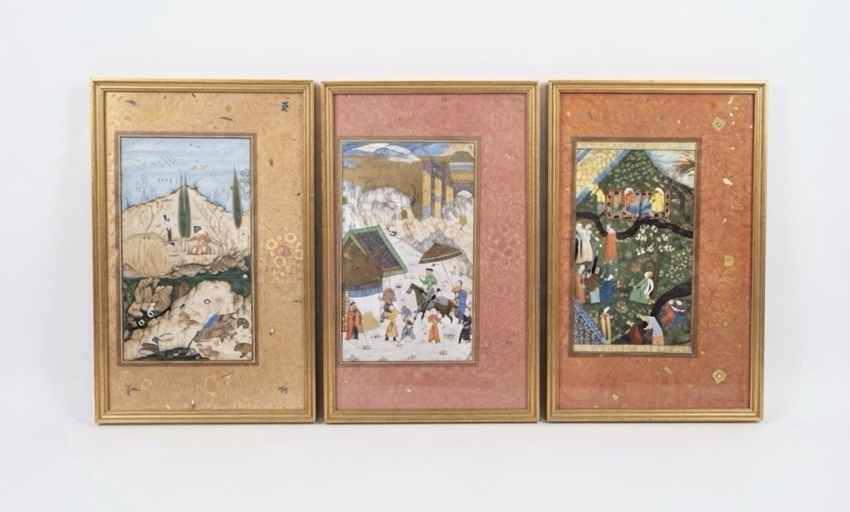 Vintage Muraqqa Gulshan Persian Miniature Art Prints Framed Set 3 Middle Eastern