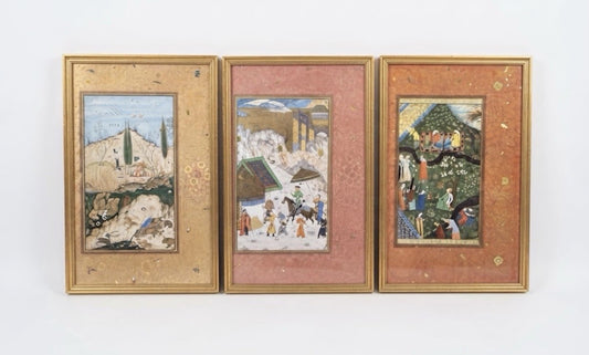 Vintage Muraqqa Gulshan Persian Miniature Art Prints Framed Set 3 Middle Eastern