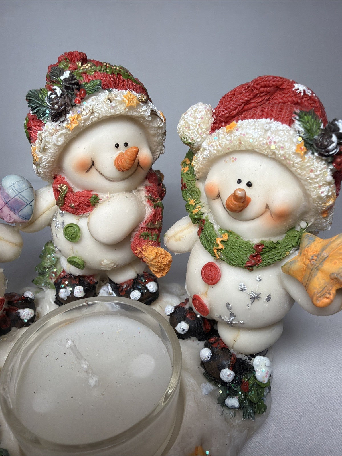 Snowman Votive Candle Holder 3 Snowmen Holiday Decor 4 1/2 tall