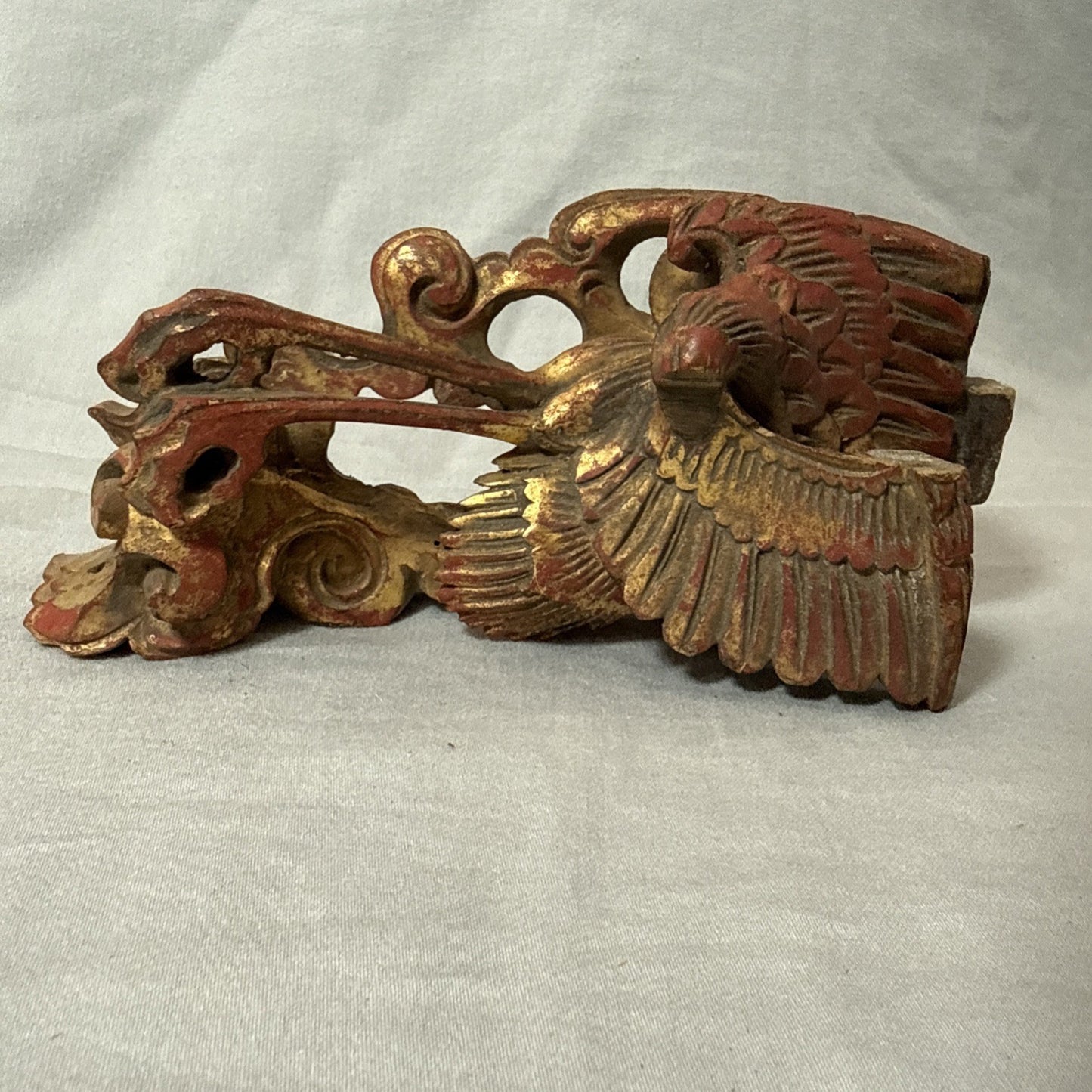 Antique Chinese Qing Dynasty Wood Temple  Red & Gilt Panel Dragon Fragment 7”x3”