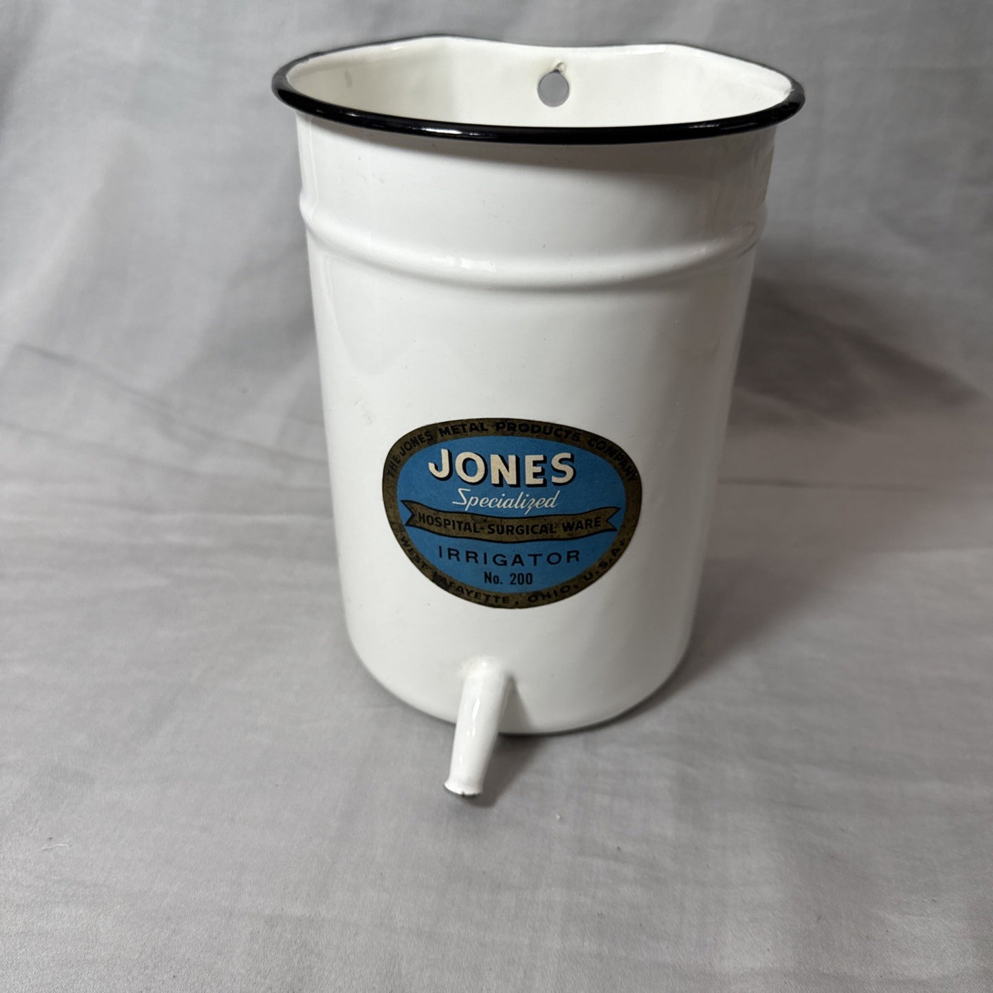 Vintage Hospital White Enamel Irrigator Wall Jug Medical Enamelware Container