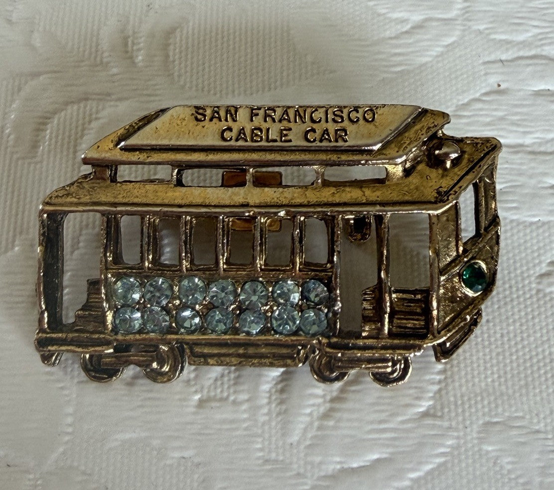 Vintage San Francisco Cable Car Brooch Gold Tone Blue Rhinestone Souvenir Pin