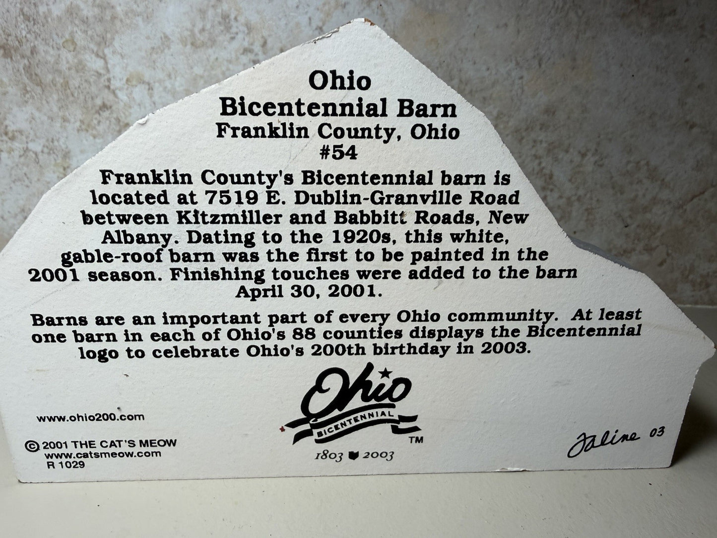 Cats Meow Ohio Bicentennial Barn 54 Franklin County Wooden Shelf Sitter 2003