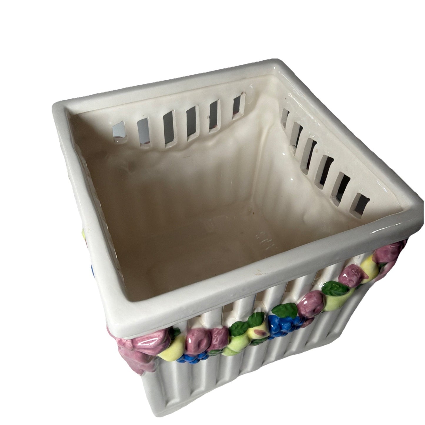 Ceramic Swag Planter Reticulated Square Fruit Design 5.5”
