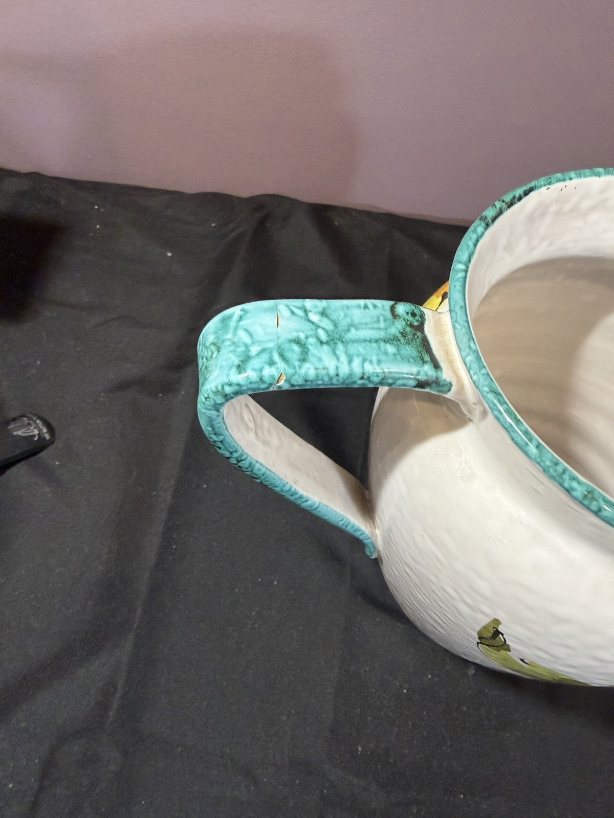 Vintage 1960s Italian Sgraffito Ceramic Pitcher Hand Painted Fruit 8"