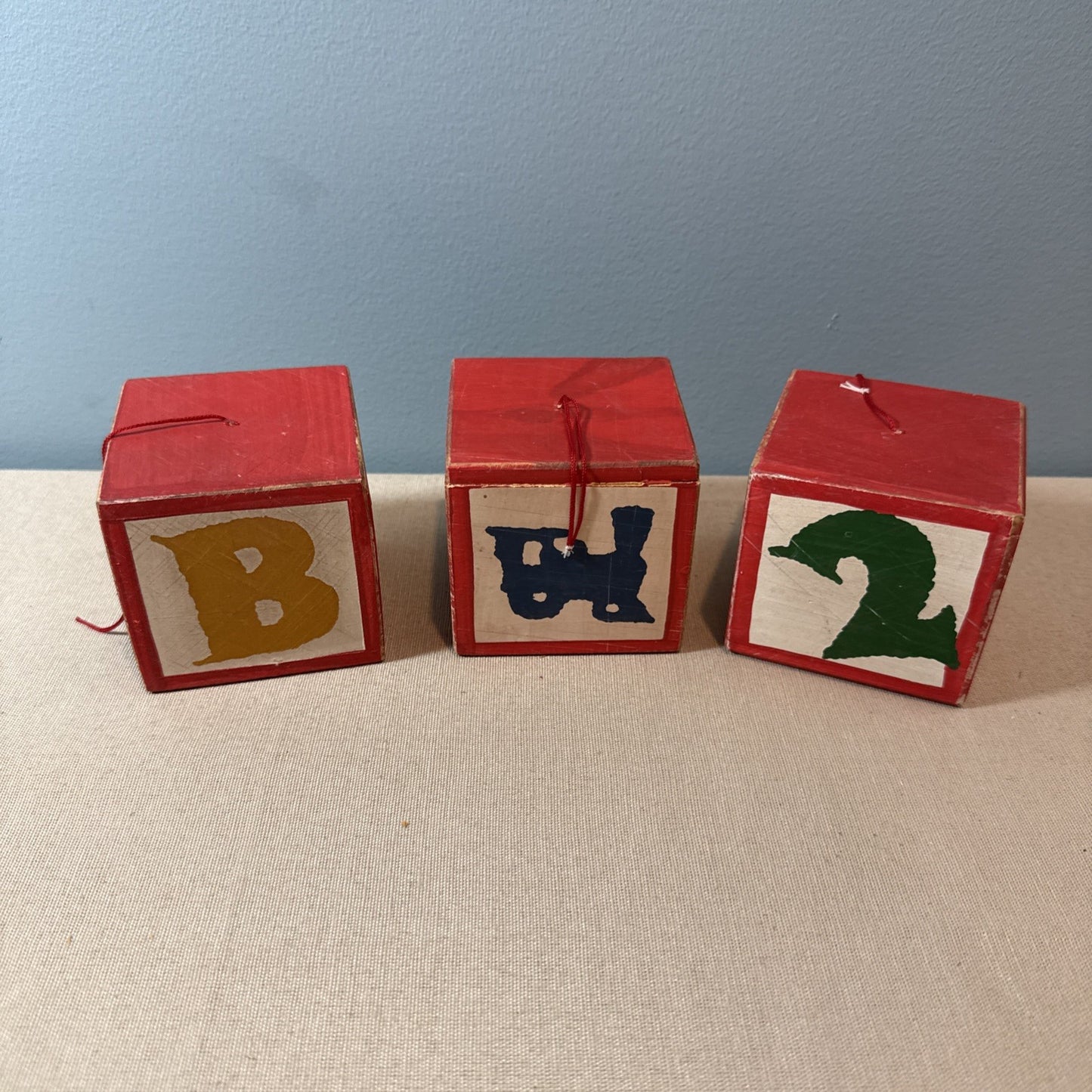 Vintage Wooden Alphabet Animal Christmas Ornaments Set of 3 Blocks 3"x3"