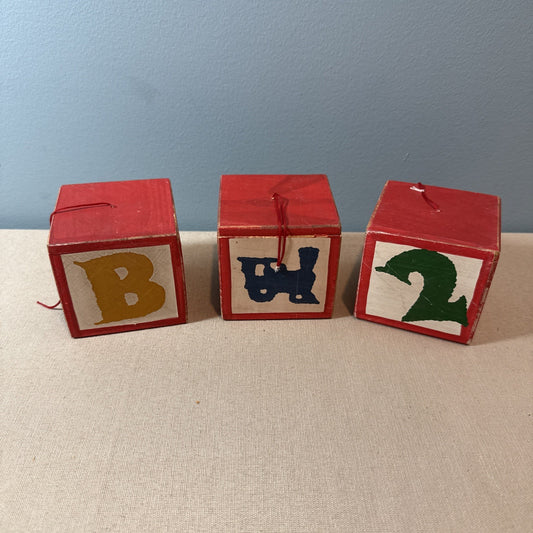 Vintage Wooden Alphabet Animal Christmas Ornaments Set of 3 Blocks 3"x3"