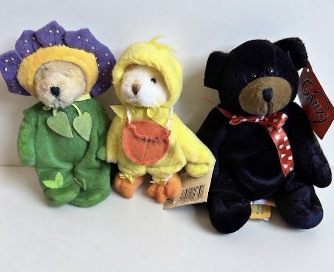Vintage Ganz Wee Bear Village Mini Plush Bear Duck Flower Costumes Lot of 3 Toys