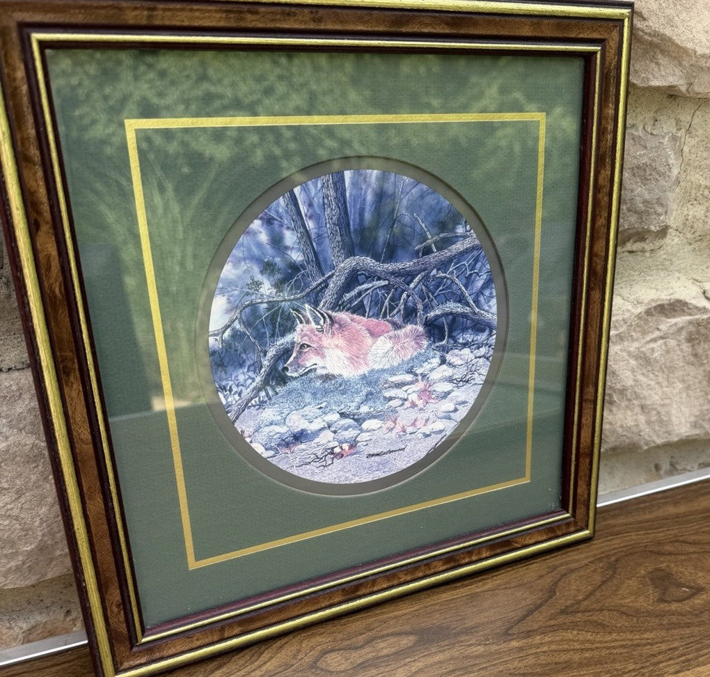 Vintage Don Easterwood Red Fox Framed Print Pair Green Mat Wildlife Art
