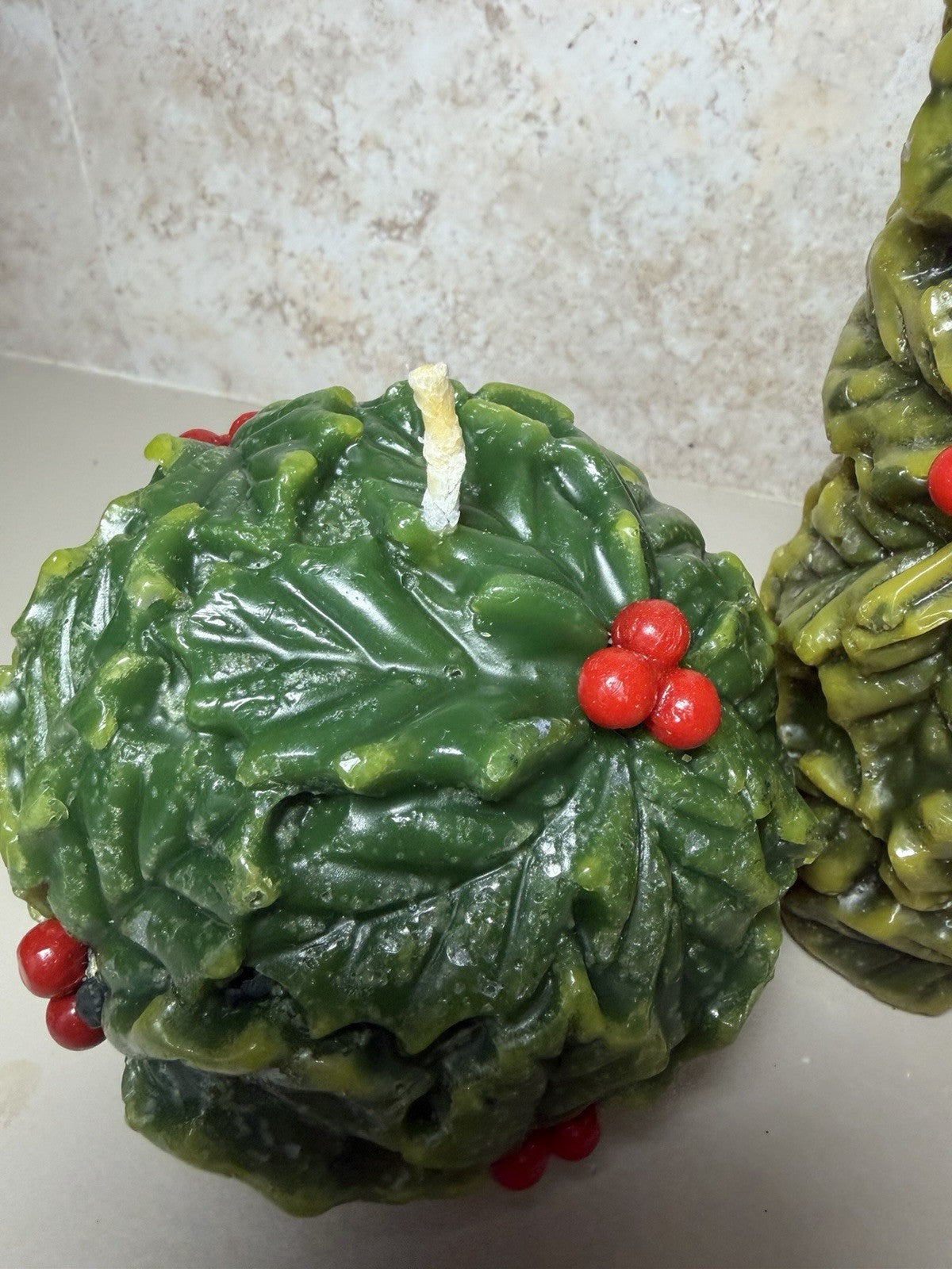 Vintage Italian Holly & Berry Christmas Candle Set Pillar and Two Spheres