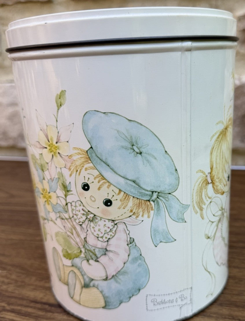 Vintage Hallmark Rag Dolls Tin Canister Cute Boy Girl Flowers Buttons Storage