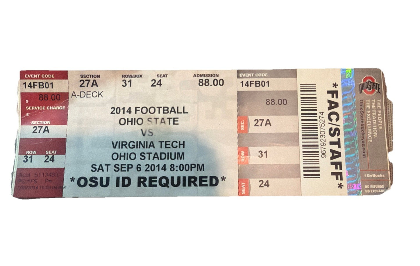 2014 Ohio State Vs Virginia Tech Ticket Stub Sept 6 Upset Game Rare Collectible