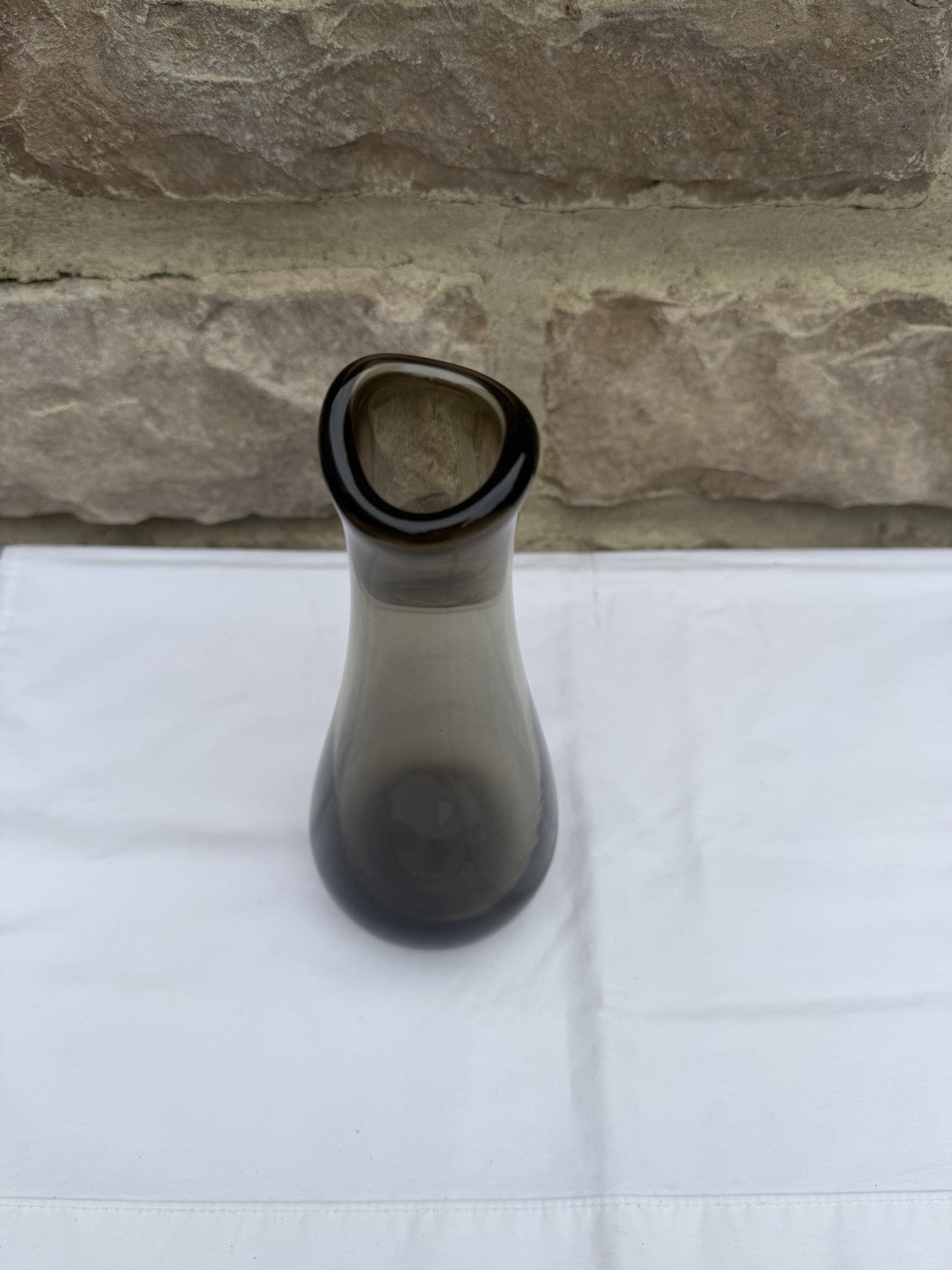 Vintage Mid Century Modern Smoky Brown Glass Bud Vase Angled Rim Bulbous Base