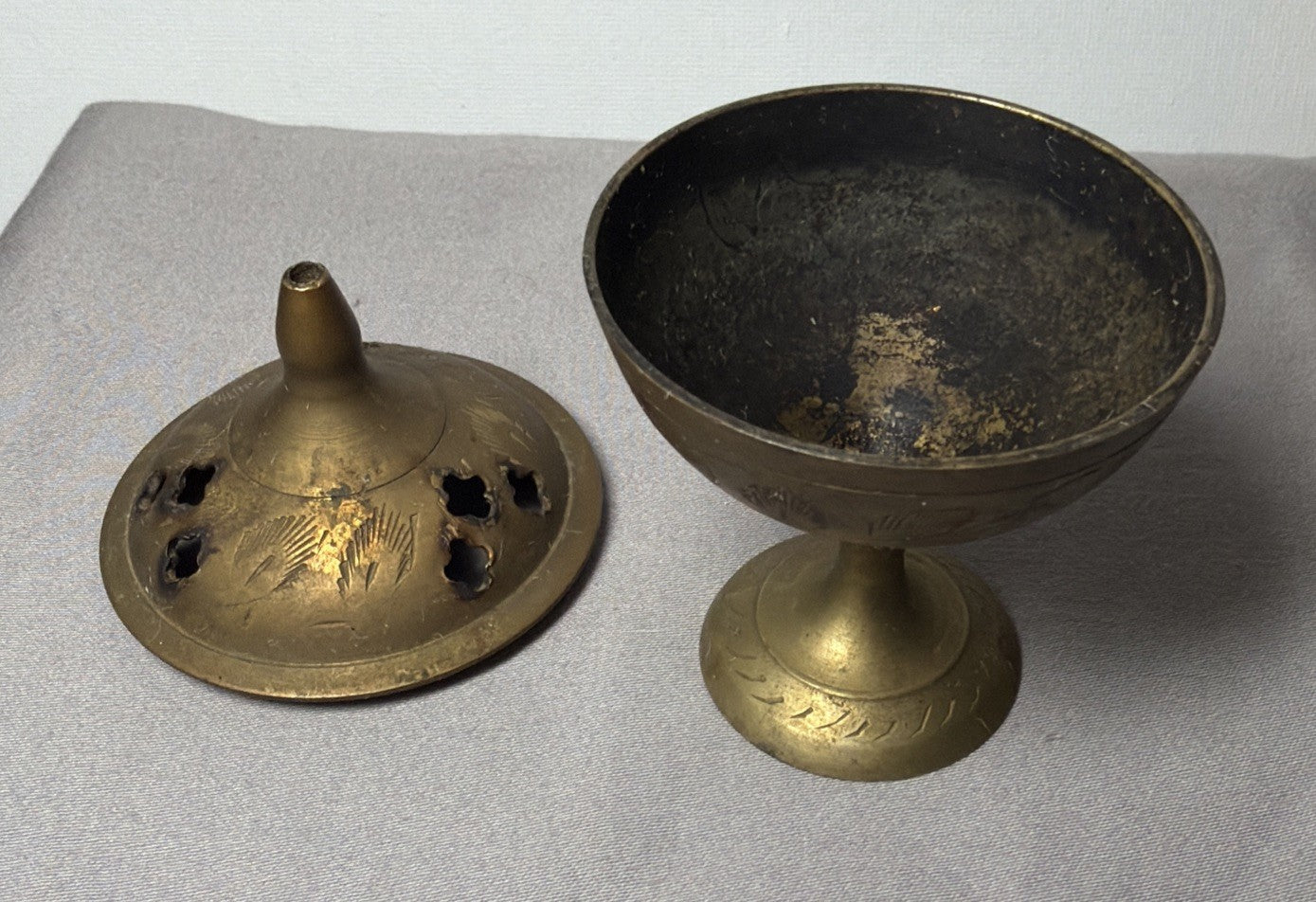 Vintage Etched Indian Brass Bell and Incense Ceremonial/Meditation Implements