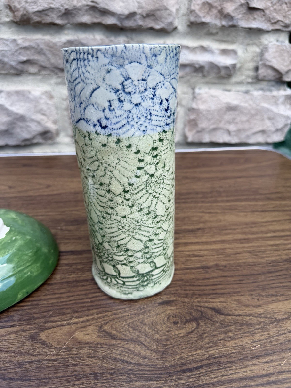 Studio Art Pottery Vase Handled Dish Set Signed WB Lace Imprint Ceramic MCM