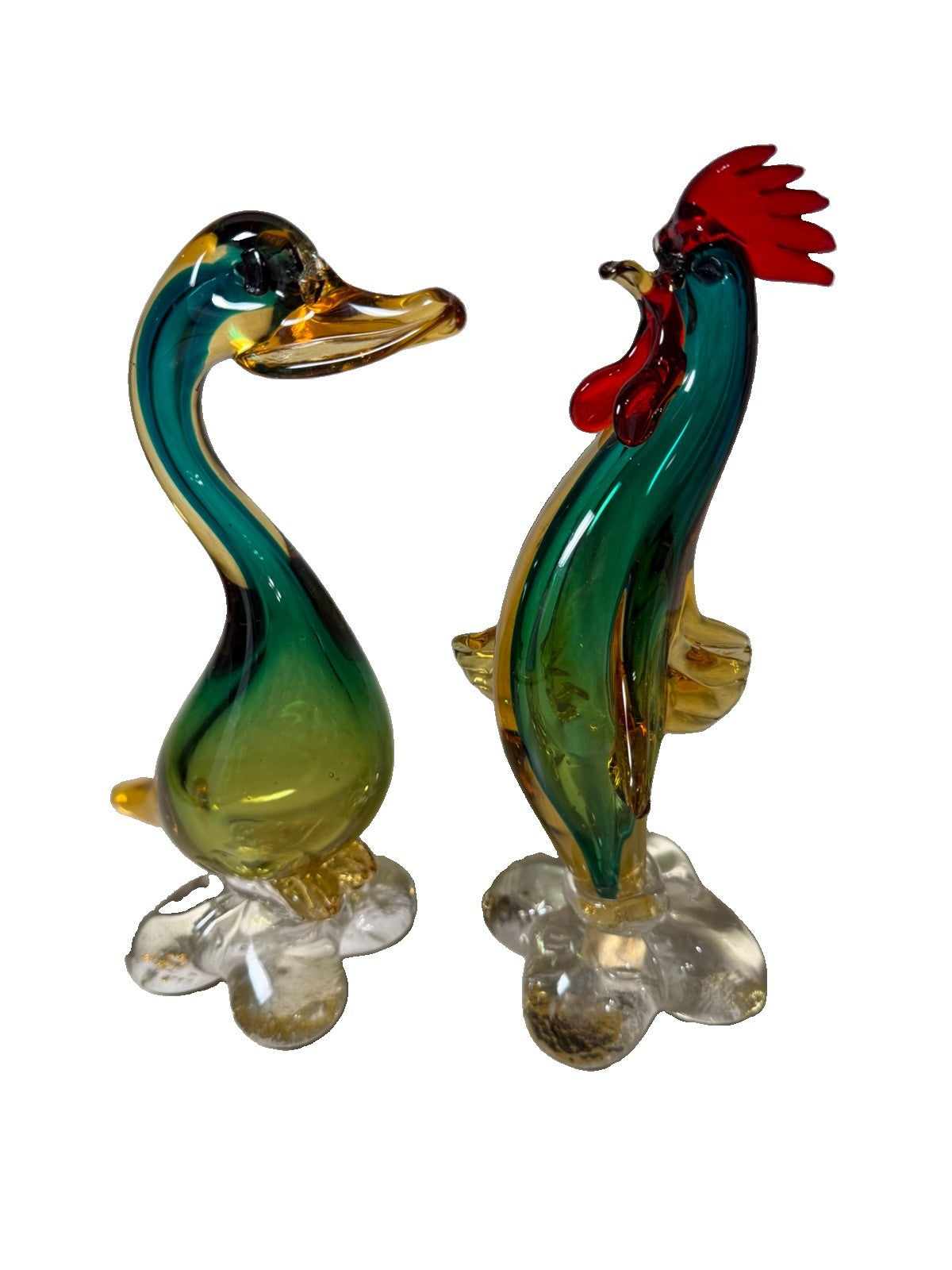 Vintage Murano Style Art Glass Rooster Duck Figurine Set Hand Blown Italy Pair