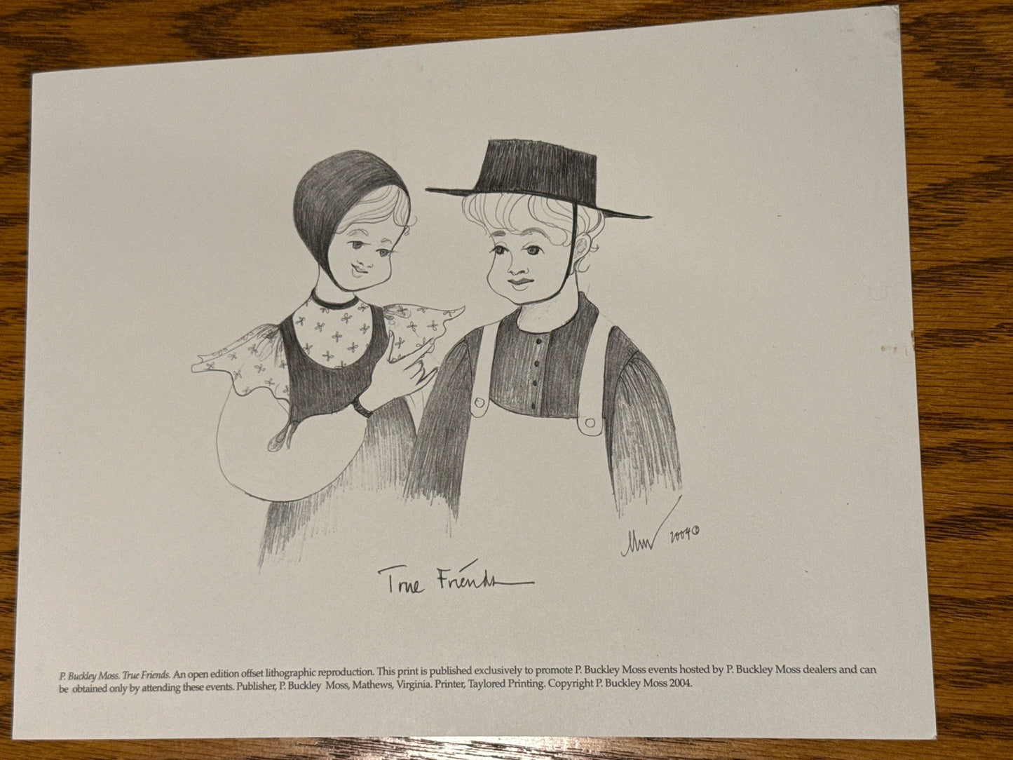 P Buckley Moss The Friends 2004 Lithograph Print Amish Family Art 11x8.5 Loose
