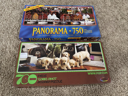 Vintage Panorama Jigsaw Puzzle Lot MB 750 Piece Long Shot Puppies 700 Piece