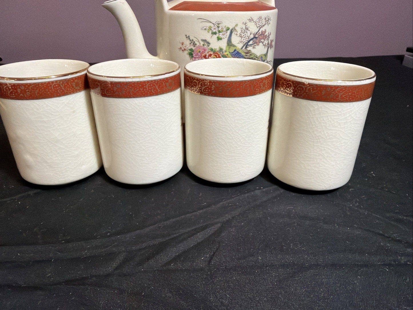 1979 Satsuma Japan Peacock Tea Set Gold Trim Rattan Handle Vintage