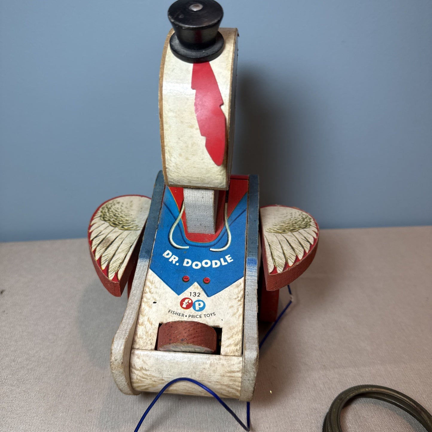Vintage Fisher Price Dr Doodle Duck Pull Toy #132 Working Sound Classic 1950s