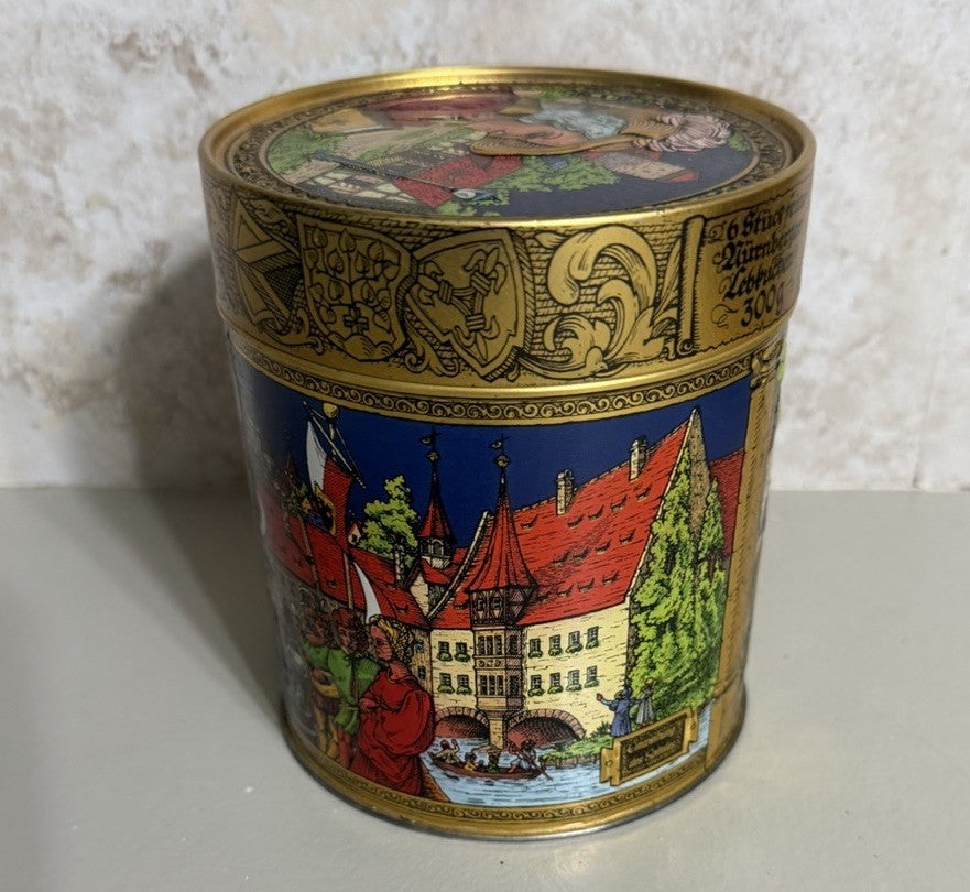 Vintage E Otto Schmidt Nuremberg Lebkuchen Tin 7" with Historical Insert