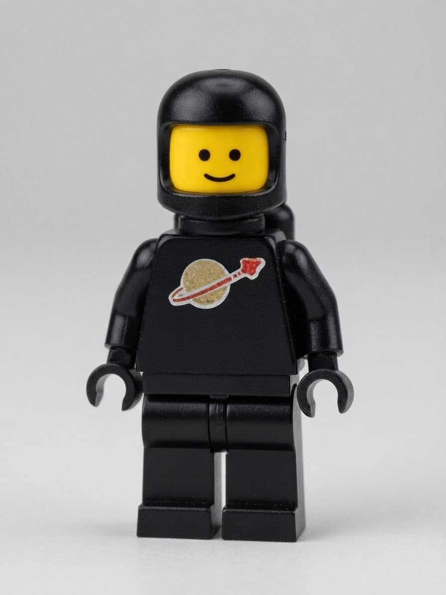 LEGO Vintage Black Torso Astronaut Classic Space Minifigure Gold Planet Logo 80s