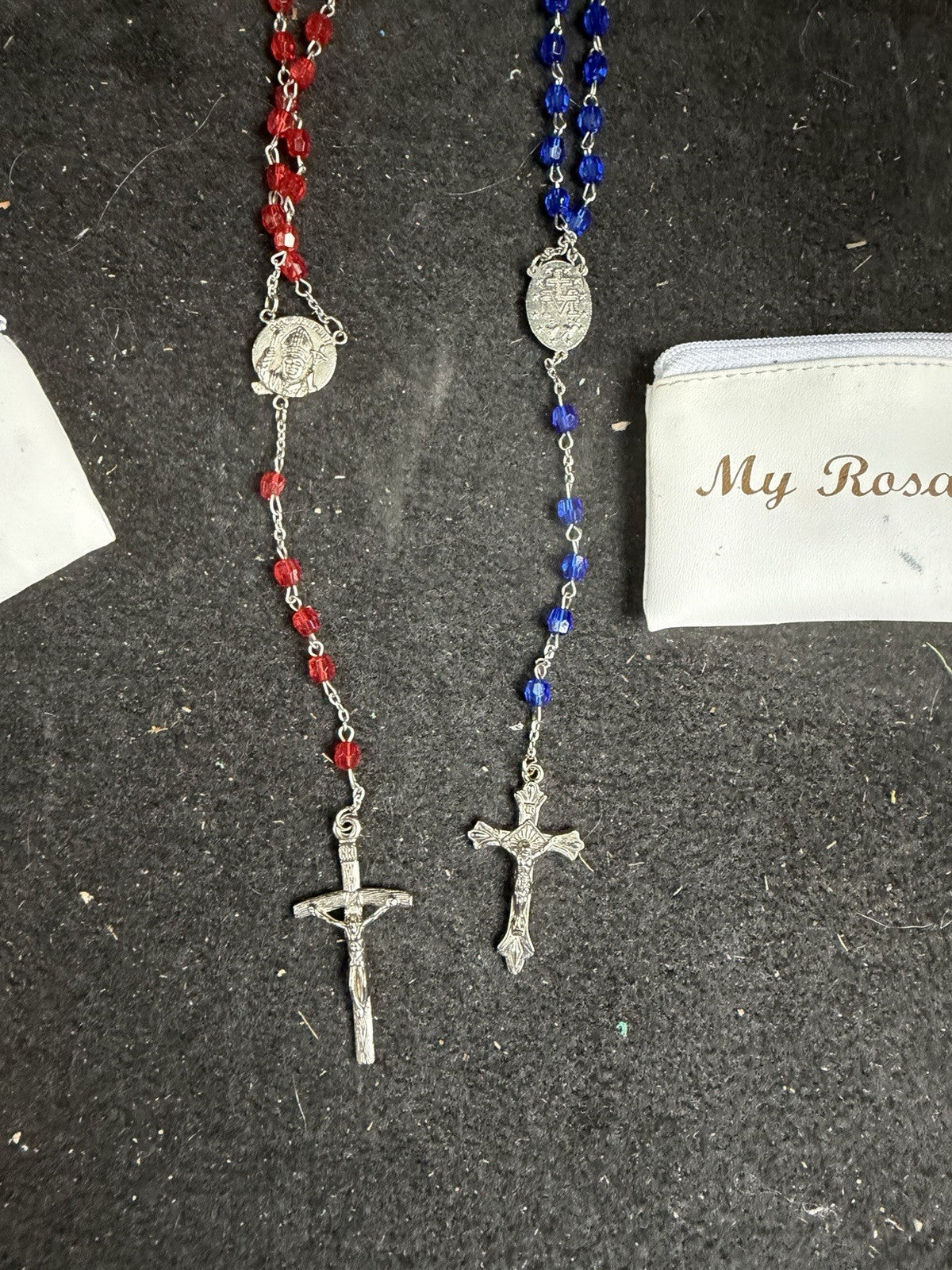 Catholic Rosary Beads Pair Red Blue Crystal Glass Silver Tone Cross Religious